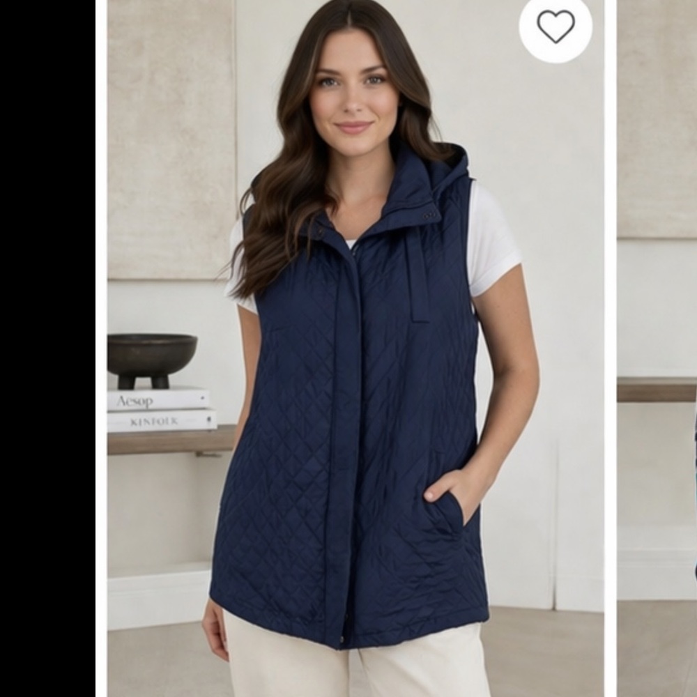 Eileen Fisher quilted vest medium blue hooded minimalist lagenlook core jacket